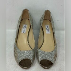 JIMMY CHOO Metallic Champagne Glitter Baxen Peep Toe Wedge DESIGNER Shoes 40.5
